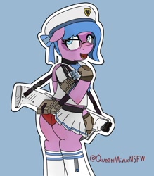 Size: 912x1043 | Tagged: safe, artist:minxtaperino, imported from derpibooru, oc, oc:jun yule, pegasus, pony, bipedal, butt, butt focus, clothes, explicit source, glasses, goddess of victory:nikke, gun, plot, shotgun, skirt, solo, upskirt, weapon