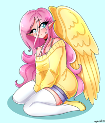 Size: 1800x2100 | Tagged: safe, artist:mylittleyuri, imported from derpibooru, fluttershy, human, blue background, blushing, bra, bra strap, choker, clothes, cute, elf ears, female, flats, humanized, kneeling, shoes, shorts, shyabetes, simple background, socks, solo, stockings, sweater, sweatershy, thigh highs, underwear, winged humanization, wings