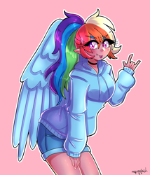 Size: 1800x2100 | Tagged: safe, artist:mylittleyuri, imported from derpibooru, rainbow dash, human, :p, alternate hairstyle, blushing, choker, clothes, cute little fangs, devil horn (gesture), elf ears, fangs, female, hoodie, humanized, moderate dark skin, pink background, ponytail, rainbow dash day, shorts, simple background, solo, tan skin, tongue out, winged humanization, wings