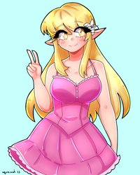 Size: 1589x1984 | Tagged: safe, artist:mylittleyuri, imported from derpibooru, lily, lily valley, human, blue background, blushing, clothes, cute, dress, elf ears, female, flower, flower in hair, humanized, peace sign, simple background, solo