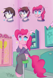 Size: 805x1167 | Tagged: safe, artist:jack-pilcrow, imported from derpibooru, pinkie pie, earth pony, human, pony, ..., blush sticker, blushing, bubble, bust, clothes, exclamation point, female, human male, human to pony, looking at you, male, male to female, mare, open mouth, pants, portrait, rule 63, shirt, signature, sitting, solo, stool, sugarcube corner, transformation, transformation sequence, transgender transformation, wavy mouth