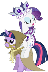 Size: 3801x5694 | Tagged: safe, artist:scrimpeh, imported from twibooru, clover the clever, princess platinum, rarity, twilight sparkle, pony, unicorn, blue eyeshadow, bridle, cloak, clothes, crown, duo, eyes closed, eyeshadow, female, hood, image, jewelry, looking forward, makeup, mare, multicolored mane, multicolored tail, open mouth, png, ponies riding ponies, purple coat, purple eyes, purple mane, regalia, riding, simple background, tack, transparent background, unamused, unicorn twilight, white coat