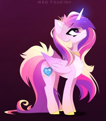 Size: 2223x2525 | Tagged: safe, artist:red_tsukini, imported from derpibooru, princess cadance, alicorn, pony, chest fluff, glow, glowing horn, horn, jewelry, long tail, regalia, sideways, simple background, solo, tail