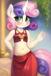 Size: 512x768 | Tagged: safe, imported from ponybooru, sweetie belle, anthro, unicorn, belly button, belly dancer, belly dancer outfit, blushing, breasts, child, delicious flat chest, detailed background, explicit source, female, glowing horn, horn, lolicon, looking at you, machine learning generated, novelai, small breasts, solo, solo female, underage