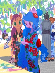 Size: 1299x1727 | Tagged: safe, artist:cottonbudfilly, imported from twibooru, izzy moonbow, sunny starscout, earth pony, human, pony, semi-anthro, unicorn, alternate hairstyle, clothes, duo focus, female, flower, flower in hair, g5, hoof hold, image, kimono (clothing), mare, needs more jpeg, talisman