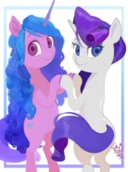 Size: 1304x1739 | Tagged: safe, artist:cottonbudfilly, imported from twibooru, izzy moonbow, rarity, pony, unicorn, bipedal, butt, female, g4, g5, hooves together, image, mare, needs more jpeg, plot, rearity, simple background, smiling at you, white background