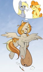 Size: 730x1200 | Tagged: safe, artist:pledus, imported from derpibooru, carrot top, derpy hooves, golden harvest, oc, oc only, oc:clumsy carrot, earth pony, pegasus, pony, blushing, butt, carrot, commission, commissioner:bigonionbean, female, food, fusion, happy, letter, mare, one eye closed, plot, sack, smiling, solo, spread wings, underhoof, wings, wink