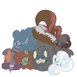 Size: 1389x1389 | Tagged: safe, artist:sersys, imported from derpibooru, oc, oc only, pony, cuddle puddle, cuddling, eyes closed, group, open mouth, pony pile, simple background, sleeping, snowpony (species), taiga pony, transparent background, vector, yakutian horse