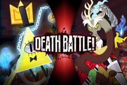 Size: 678x452 | Tagged: safe, artist:benjami69959560, imported from derpibooru, discord, antlers, bill cipher, bowtie, chains, death battle, exploitable meme, fire, hat, horn, meme, top hat