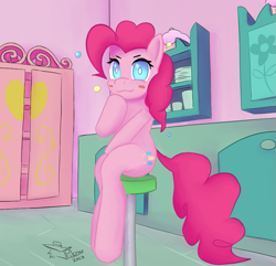 Size: 825x794 | Tagged: safe, alternate version, artist:jack-pilcrow, imported from derpibooru, pinkie pie, earth pony, pony, blush sticker, blushing, bubble, female, looking at you, mare, ponies sitting like humans, signature, sitting, solo, stool, sugarcube corner, wavy mouth