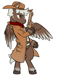 Size: 768x1024 | Tagged: safe, artist:multiverseequine, derpibooru exclusive, imported from derpibooru, oc, oc only, oc:easy shot, pegasus, pony, bipedal, clothes, coat, colored wings, cowboy hat, facial markings, full body, gun, handgun, hat, male, neckerchief, pegasus oc, revolver, shirt, simple background, solo, stallion, transparent background, two toned wings, unshorn fetlocks, weapon, wings