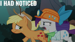 Size: 1920x1080 | Tagged: safe, edit, edited screencap, editor:quoterific, imported from derpibooru, screencap, applejack, rarity, earth pony, pony, unicorn, dragon dropped, applejack's hat, bow, cowboy hat, duo, hat, helmet, mining helmet, running