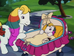 Size: 960x720 | Tagged: safe, imported from derpibooru, screencap, earth pony, pony, my little pony tales, the tea party, baby, baby pony, cherry barrington, duo, female, filly, foal, g1, mare, mother and child, mother and daughter, mummy berrytown, newborn, stroller, unnamed character, unnamed pony