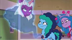 Size: 300x168 | Tagged: safe, imported from derpibooru, screencap, izzy moonbow, opaline arcana, alicorn, pony, unicorn, spoiler:g5, spoiler:my little pony: tell your tale, spoiler:tyts01e44, choker, female, g5, heart, mare, misty brightdawn, my little pony: tell your tale, secret ad-mare-er