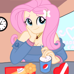 Size: 2048x2048 | Tagged: safe, artist:flutteryaylove, imported from derpibooru, fluttershy, human, equestria girls, clock, drawing, female, heart, pepsi, present, smiling, soda, solo, window