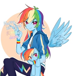 Size: 1076x1114 | Tagged: safe, artist:rainn__1026, imported from derpibooru, rainbow dash, human, pegasus, pony, equestria girls, floating wings, human ponidox, humanized, looking at you, peace sign, self paradox, self ponidox, simple background, smiling, white background, winged humanization, wings