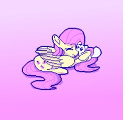 Size: 900x880 | Tagged: safe, artist:__briakitten, imported from derpibooru, fluttershy, cat, pegasus, pony, gradient background, hug, lying down, pixel art, sad, solo
