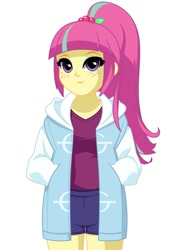 Size: 836x1199 | Tagged: safe, artist:rosemile mulberry, imported from derpibooru, sour sweet, human, equestria girls, clothes, cute, female, freckles, ghost bc, hand in pocket, looking at you, shorts, simple background, solo
