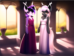 Size: 1024x768 | Tagged: safe, editor:flitter4935, imported from derpibooru, oc, oc only, oc:misty inkblot, oc:venin teapa, anthro, bat pony, ai content, ai generated, arm hooves, bat pony oc, bracelet, clothes, dress, duo, duo female, ear fluff, ear tufts, female, generator:novelai, generator:stable diffusion, gown, jewelry, looking at you, smiling, smiling at you