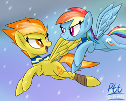 Size: 2500x2000 | Tagged: safe, artist:notadeliciouspotato, imported from derpibooru, rainbow dash, spitfire, pegasus, pony, bandage, clothes, cloud, duo, female, flying, looking at each other, looking at someone, mare, open mouth, scarf, signature, smiling, snow, snowfall, spread wings, wings