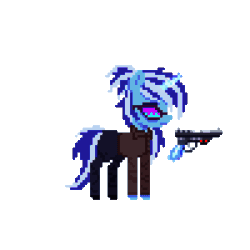 Size: 1000x1000 | Tagged: safe, artist:menalia, imported from derpibooru, oc, oc only, oc:freezy coldres, pony, unicorn, animated, clothes, female, gif, gun, horn, long mane, magic, magic aura, mare, pants, pixel art, ponytail, shirt, shoes, simple background, solo, sunglasses, transparent background, weapon