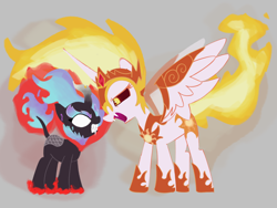 Size: 2800x2100 | Tagged: safe, artist:omelettepony, imported from derpibooru, daybreaker, alicorn, kirin, nirik, crown, crystal, fangs, fire, gray background, horn, jewelry, looking at each other, looking at someone, mane of fire, open mouth, regalia, simple background, spread wings, standing, wings