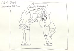 Size: 2331x1636 | Tagged: safe, artist:katputze, imported from derpibooru, oc, oc:crimson sunset, anthro, unicorn, ass, butt, clothes, denim, duo, faic, female, grayscale, ipad, jeans, mare, monochrome, pants, traditional art