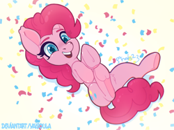 Size: 4490x3373 | Tagged: safe, artist:yaisoula, imported from derpibooru, pinkie pie, earth pony, pony, confetti, female, frog (hoof), high res, hoofbutt, lying down, mare, on back, open mouth, open smile, simple background, smiling, solo, underhoof, white background