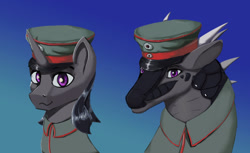 Size: 1280x784 | Tagged: safe, artist:monx94, imported from derpibooru, oc, oc:starseeker, dragon, pony, unicorn, bust, clothes, gradient background, looking at you, military, military uniform, portrait, uniform