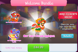 Size: 1283x860 | Tagged: safe, imported from derpibooru, applejack, rainbow dash, twilight sparkle, alicorn, earth pony, pegasus, pony, advertisement, bundle, chinese new year, clothes, costs real money, costume, english, female, gameloft, horn, lion dance, lunar new year, mare, mobile game, my little pony: magic princess, numbers, official, spread wings, text, twilight sparkle (alicorn), wings