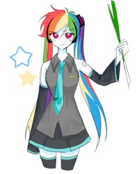 Size: 644x817 | Tagged: safe, artist:rainn__1026, imported from derpibooru, rainbow dash, human, equestria girls, anime, blushing, clothes, clothes swap, cosplay, costume, hatsune miku, leek, necktie, pigtails, simple background, skirt, solo, twintails, vocaloid, white background