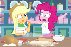 Size: 1350x900 | Tagged: safe, artist:dm29, imported from derpibooru, applejack, pinkie pie, human, equestria girls, baking, bowl, chubby, commission, dough, duo, duo female, female, flour, food, kitchen, measuring cup, mixing bowl, open mouth, pre sneeze, rolling pin, signature