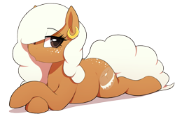 Size: 1125x750 | Tagged: safe, artist:thebatfang, imported from derpibooru, oc, oc only, oc:bagel bite, earth pony, food pony, original species, pony, chubby, ear piercing, earring, food, jewelry, lidded eyes, lying down, piercing, ponified, prone, simple background, solo, transparent background