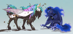 Size: 1741x808 | Tagged: safe, artist:hazurasinner, imported from derpibooru, princess celestia, princess luna, alicorn, pony, belly, blue mane, blushing, burrs, butt, celestia is not amused, commission, concave belly, crown, cute, digital art, dirty, duo, feather, female, flowing mane, flowing tail, folded wings, gradient background, hoers, hoof shoes, horn, jewelry, leaves, leaves in hair, looking at each other, looking at someone, mare, messy, mud, muddy, plot, princess luna is amused, regalia, royal sisters, siblings, signature, sisters, sitting, smiling, stick, tail, tree branch, unamused, walking, watermark, wings