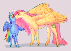 Size: 3680x2620 | Tagged: safe, artist:birdcanart, imported from derpibooru, fluttershy, rainbow dash, pegasus, pony, cloven hooves, duo, female, flutterdash, gray background, heart, lesbian, mare, nuzzling, pictogram, shipping, simple background, size difference, smoldash, tallershy