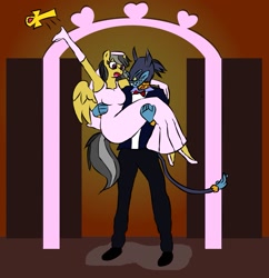 Size: 1129x1165 | Tagged: safe, anonymous artist, derpibooru exclusive, imported from derpibooru, ahuizotl, daring do, ahuizotl (species), anthro, pegasus, bridal carry, carrying, clothes, darizotl, dress, female, male, mare, marriage, relic, shipping, story included, straight, suit, tuxedo, wedding dress, wedding veil