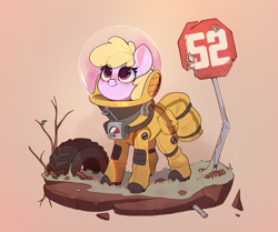 Size: 2336x1951 | Tagged: safe, artist:rexyseven, imported from derpibooru, oc, oc only, oc:puppysmiles, earth pony, pony, fallout equestria, fallout equestria: pink eyes, clothes, cute, ear fluff, eye clipping through hair, fanfic art, female, filly, foal, hazmat suit, high res, pink eyes, radiation suit, sign, solo, tire