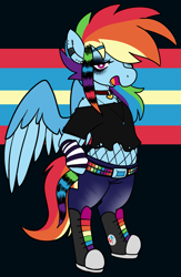 Size: 1167x1786 | Tagged: safe, artist:/d/non, imported from derpibooru, rainbow dash, pegasus, semi-anthro, arm warmers, belt, choker, clothes, converse, denim, ear piercing, eyeshadow, februpony, fishnets, jeans, jewelry, lip piercing, makeup, multicolored hair, necklace, open mouth, pants, piercing, raccoon tail, rainbow, scene, scene kid, shirt, shoes, smiling, sneakers