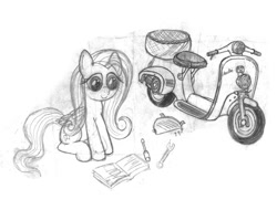 Size: 1000x760 | Tagged: safe, artist:styroponyworks, imported from derpibooru, fluttershy, pegasus, pony, female, folded wings, grayscale, looking at something, manual, mare, monochrome, moped, pencil drawing, reading, screwdriver, sitting, sketch, smiling, solo, tools, traditional art, wings, wrench