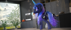 Size: 3440x1440 | Tagged: safe, artist:thelunagames, imported from derpibooru, princess luna, alicorn, pony, 3d, absurd resolution, blender, cinema4d, cup, food, solo, teacup, tree