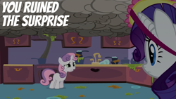 Size: 1920x1080 | Tagged: safe, edit, edited screencap, editor:quoterific, imported from derpibooru, screencap, rarity, sweetie belle, pony, unicorn, sisterhooves social, belle sisters, cooking, fail, female, filly, foal, food, frown, gritted teeth, kitchen, mare, messy, siblings, sisters, smoke, sweetie belle can't cook, sweetie fail, teeth