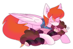 Size: 2700x1800 | Tagged: safe, artist:puppie, imported from derpibooru, oc, oc only, oc:dookin foof lord, oc:raevyn, pegasus, pony, clothes, cuddling, cute, duo, eyes closed, simple background, snuggling, socks, striped socks, transparent background