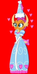 Size: 540x1062 | Tagged: safe, alternate version, artist:darlycatmake, imported from derpibooru, smolder, dragon, beautiful, clothes, cute, dragoness, dress, dressup, female, floating heart, flower, flower in hair, froufrou glittery lacy outfit, gloves, happy, hat, heart, hennin, long gloves, lovely, pretty, princess, princess smolder, proud, red background, simple background, smiling, smolder also dresses in style, smolderbetes