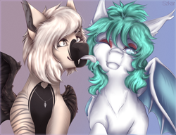 Size: 1300x1000 | Tagged: safe, artist:szkar, imported from derpibooru, oc, oc:devilvoice, oc:spicy mint, bat pony, original species, pony, shark, shark pony, bat pony oc, duo, female, mlem, silly, tongue out