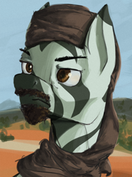 Size: 1280x1724 | Tagged: safe, artist:monx94, imported from derpibooru, oc, zebra, equestria at war mod, beard, bust, clothes, facial hair, moustache, portrait, scarf, solo