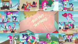 Size: 1280x721 | Tagged: safe, editor:quoterific, imported from derpibooru, fluttershy, pinkie pie, rainbow dash, rarity, human, equestria girls, equestria girls series, too hot to handle, beach, clothes, hot, swimsuit