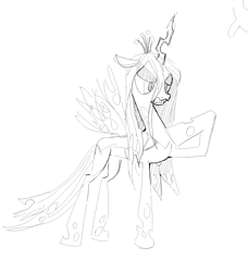Size: 2100x2300 | Tagged: safe, artist:general proton, imported from derpibooru, queen chrysalis, changeling, changeling queen, angry, black and white, fangs, female, frown, grayscale, monochrome, raised hoof, scowl, simple background, solo, spread wings, tail, white background, wings