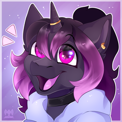 Size: 2000x2000 | Tagged: safe, artist:kwiateko, imported from derpibooru, oc, oc only, pony, unicorn, bust, commission, cute, ear piercing, earring, happy, headshot commission, icon, jewelry, male, piercing, pink eyes, portrait, purple hair, ring, simple background, smiling, solo