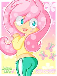 Size: 2585x3436 | Tagged: safe, artist:jaylalife, imported from derpibooru, fluttershy, human, ass, butt, clothes, female, flutterbutt, humanized, solo, tongue out