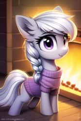 Size: 512x768 | Tagged: safe, imported from derpibooru, silver spoon, earth pony, pony, ai content, ai generated, braid, braided ponytail, clothes, error, female, filly, fire, fireplace, foal, generator:novelai, generator:stable diffusion, long neck, missing accessory, ponytail, solo, sweater